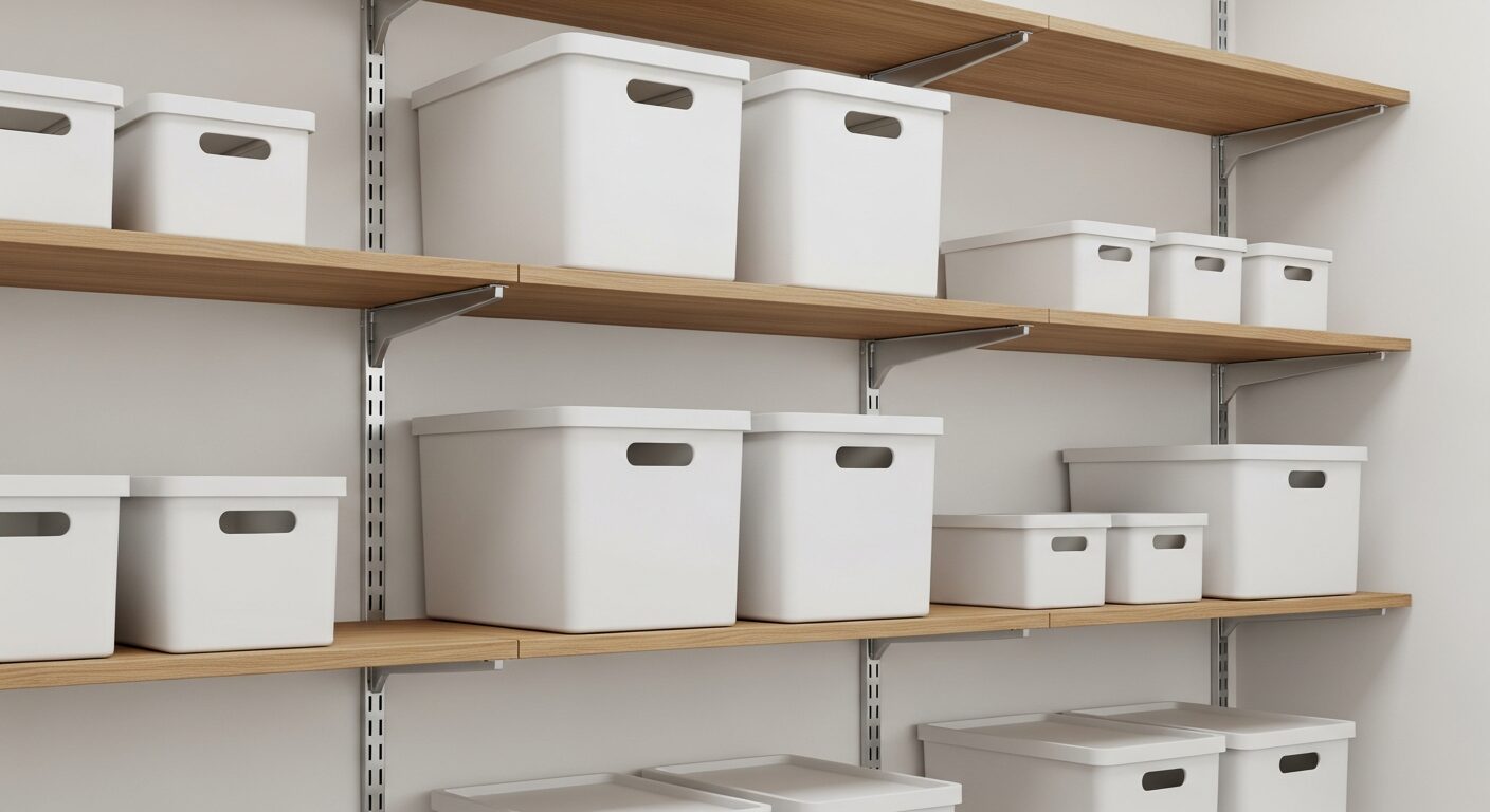 収納する物のサイズに合わせて棚の高さを調整し、無地の収納ボックスを隙間なくきれいに並べたパントリーの可動棚