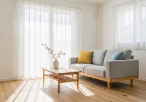 白とグレーを基調に木の家具を合わせた、温かみのある北欧スタイルのリビングインテリア