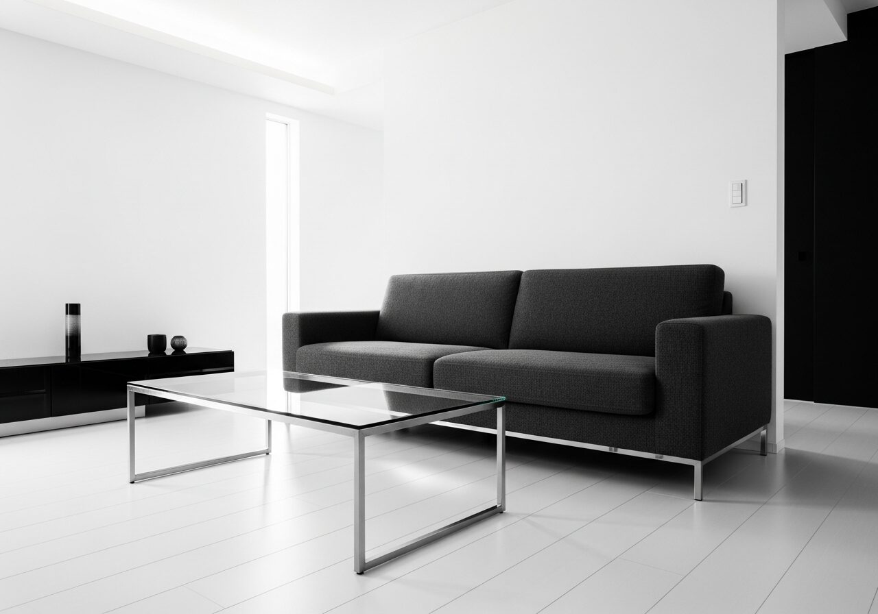 モノトーンの色使いとガラスや金属の素材でまとめた、都会的で洗練されたモダンスタイルのリビング