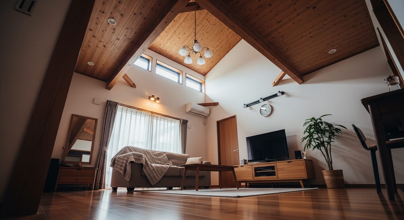 一般的な広さのリビングでも開放感を感じられる、吹き抜けと梁を活かした耐震間取り