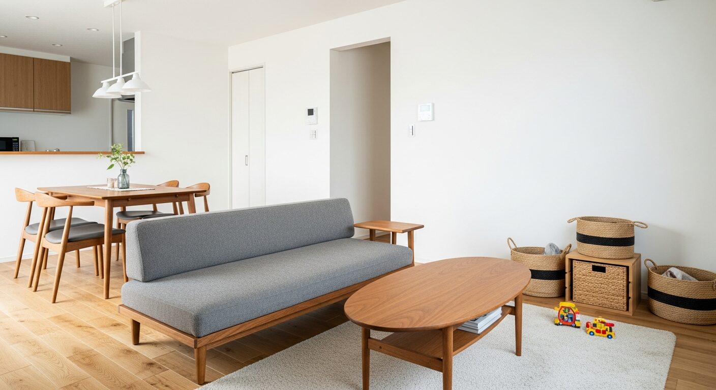 子供がいてもスッキリ片付くおしゃれなリビングダイニング。統一感のある家具選びと収納バスケットを活用したインテリア実例