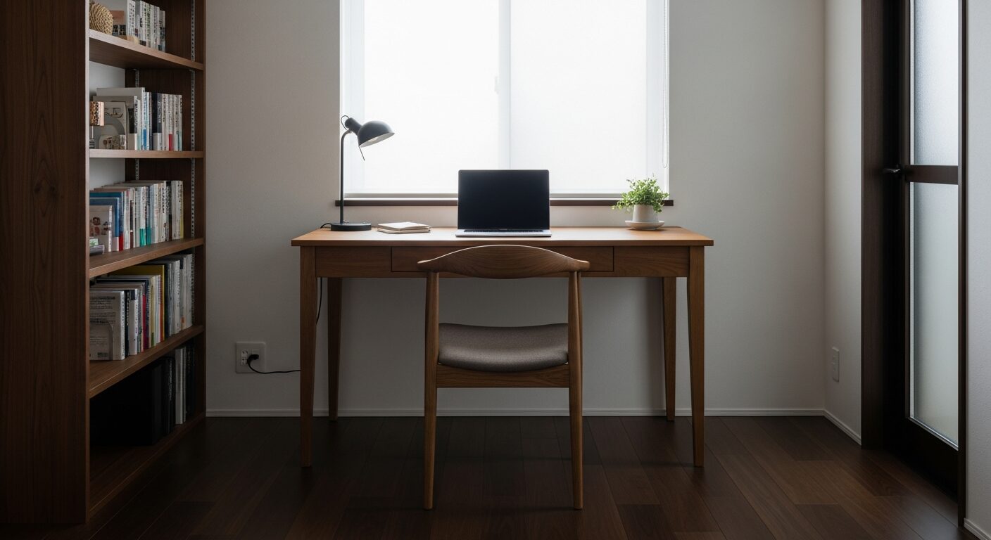 直射日光が入らず、柔らかく落ち着いた光に包まれた書斎コーナーと木製のデスク