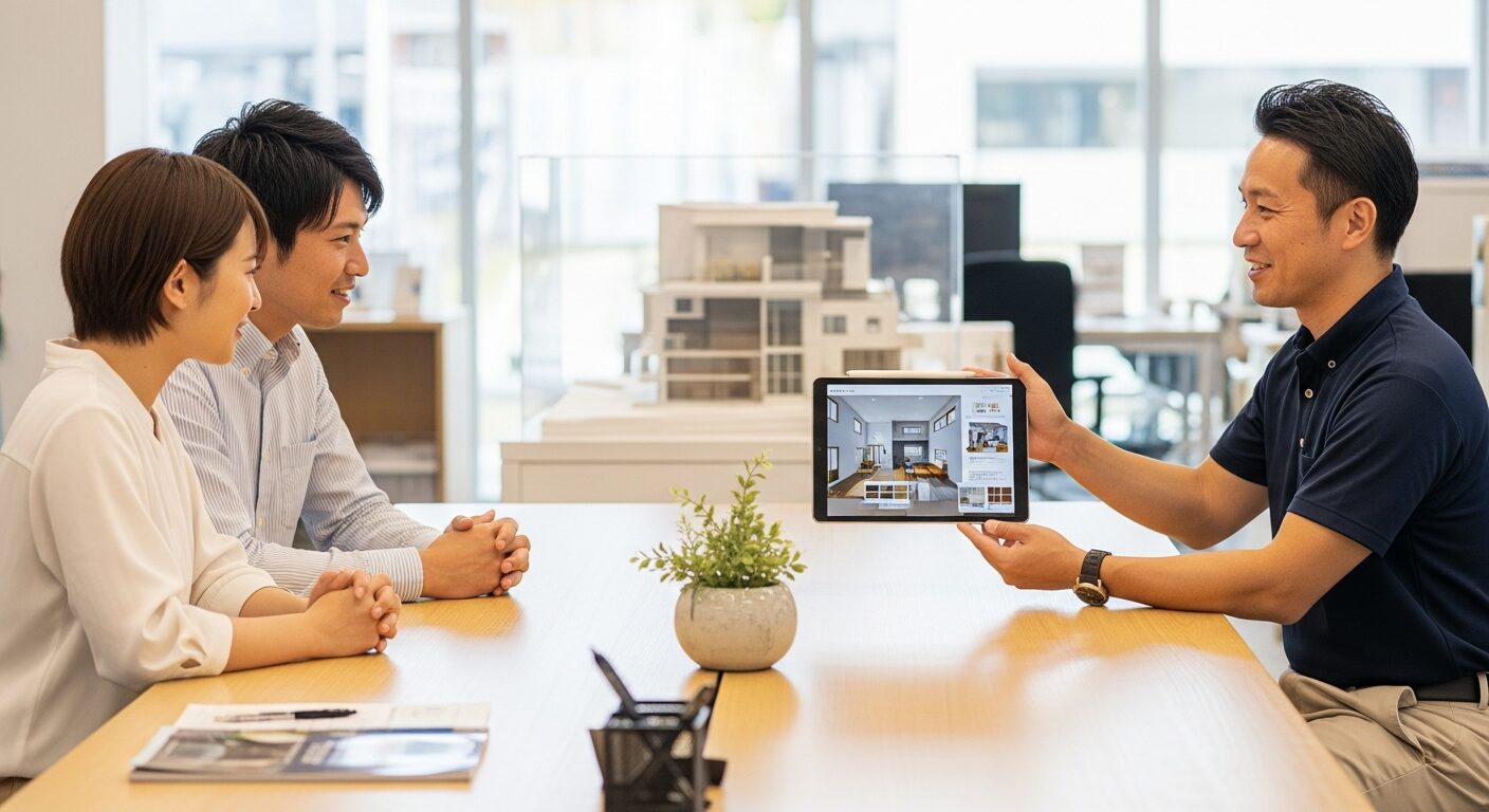 オフィスのテーブル越しに、担当者がタブレットの画面をご夫婦側に向けて提示しながら、適切な距離感で家づくりの説明をしている様子