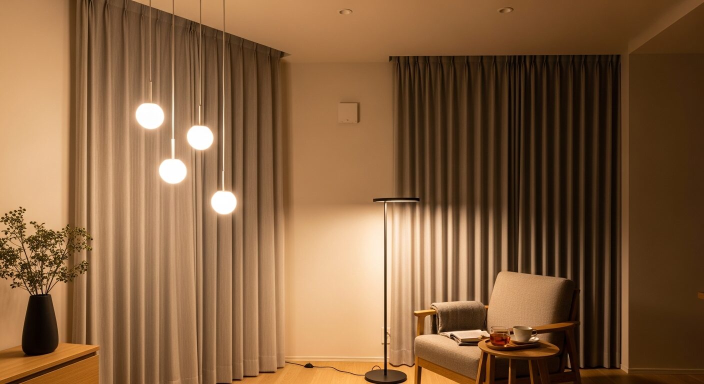 温かい電球色の間接照明と天井から吊るされたカーテンが落ち着きを演出する、夜のリビングインテリア