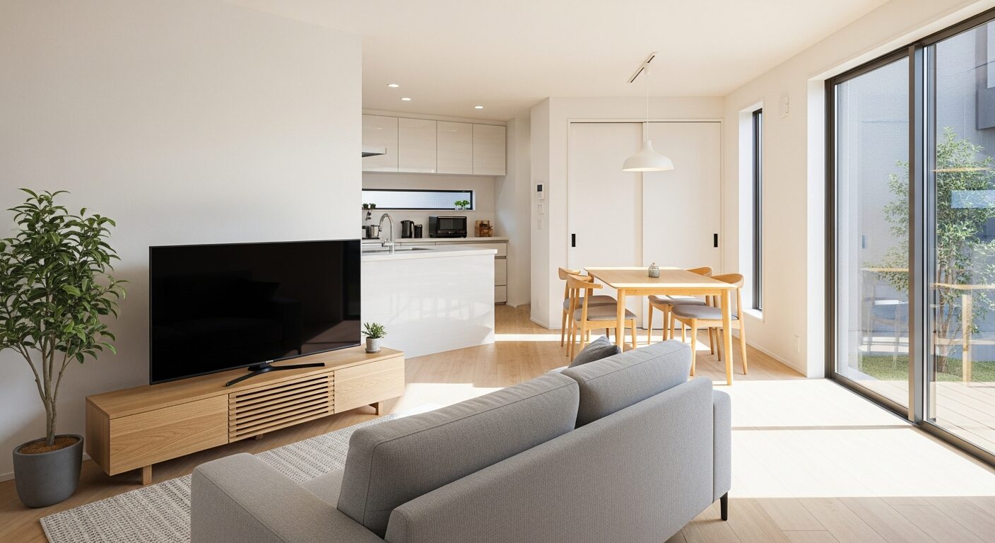 パントリーを活用してキッチン周りをすっきりさせ、リビングのテレビやソファでくつろげる広々としたLDK