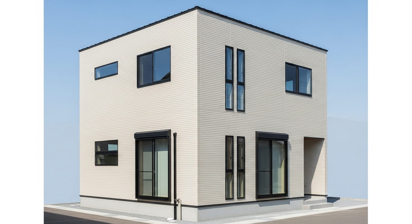 窓が整然と配置された、地震に強くバランスの良い総二階建ての家の外観