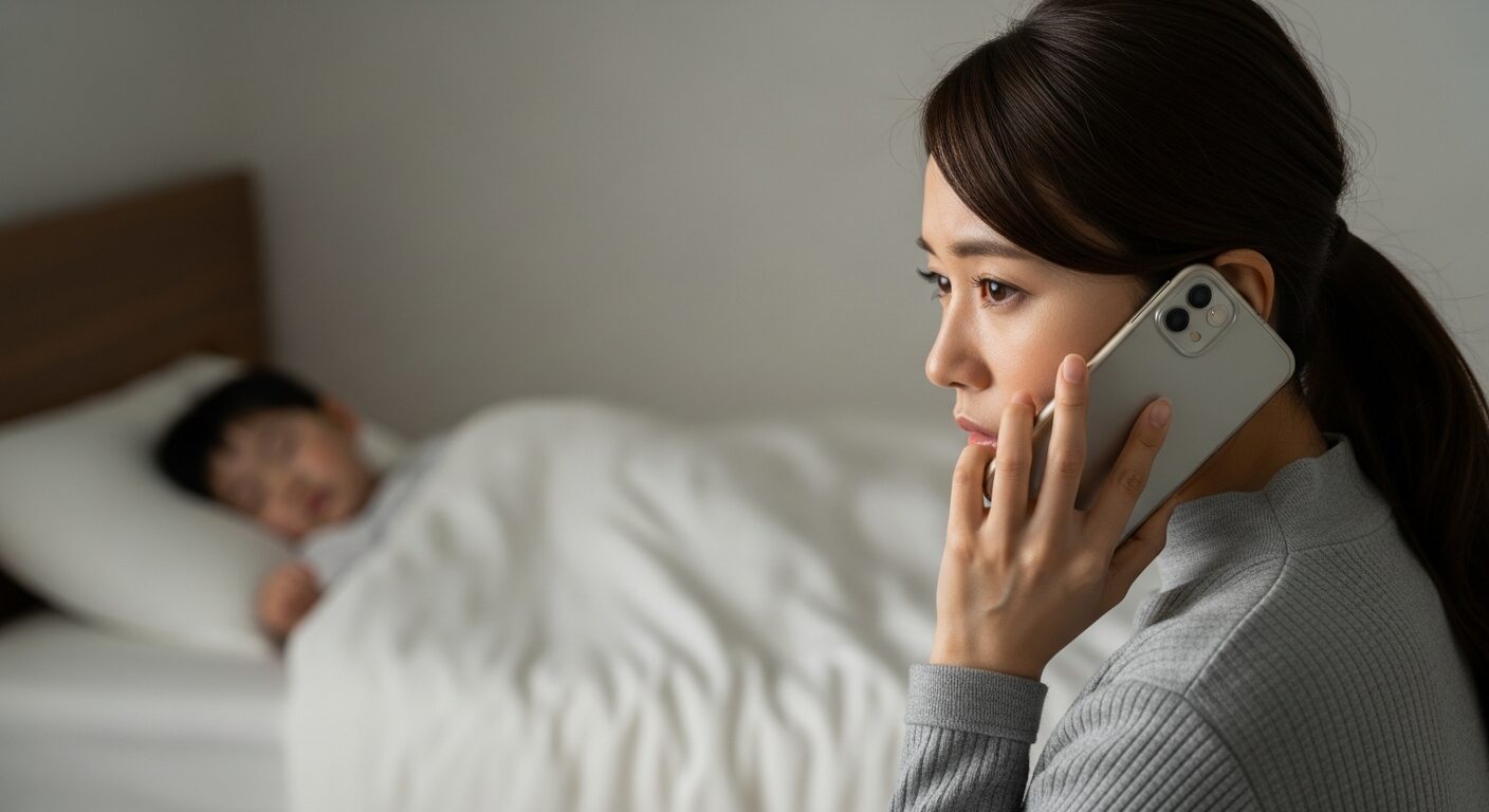 手前で職場や病院へ電話連絡をする母親と、奥のベッドで体調不良で眠る子供、緊急時の対応の難しさ