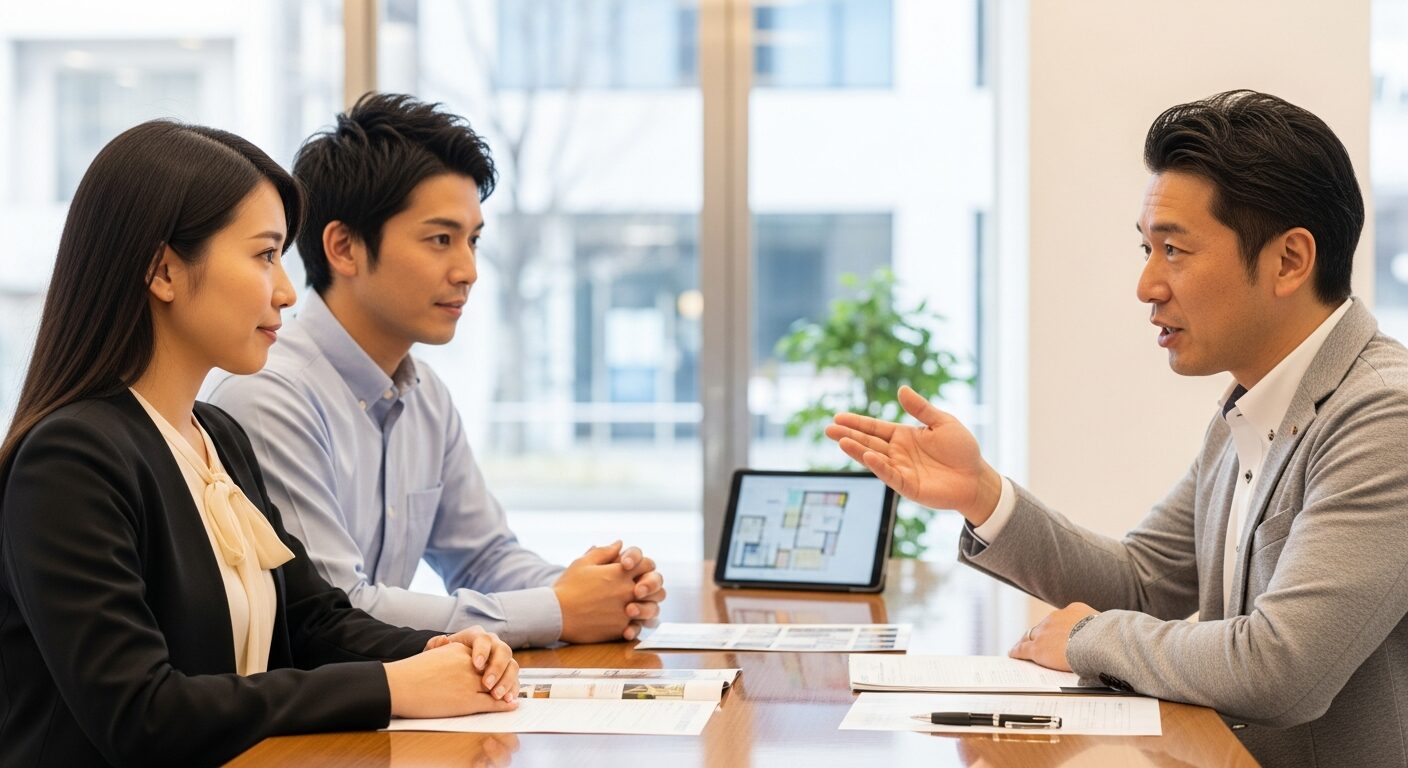 工務店や不動産会社の窓口で担当者に相談し、説明を聞く夫婦、家づくりの疑問解決