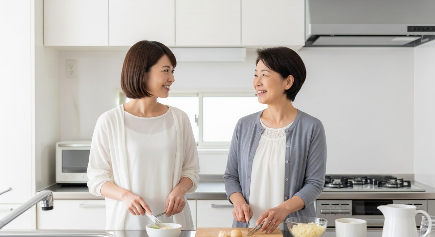 キッチンで笑顔で会話しながら料理をする30代の娘と60代の母親、実家近くの近居メリット