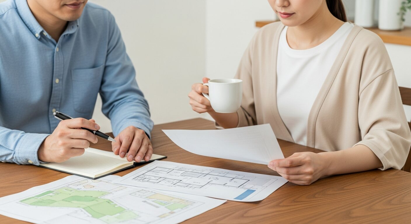 テーブルで資料を見ながら真剣にメモを取ったり話し合ったりする夫婦、土地選びの検討