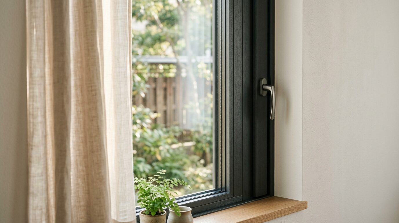 断熱性能の高い現代的な樹脂サッシとカーテンが設置された窓辺