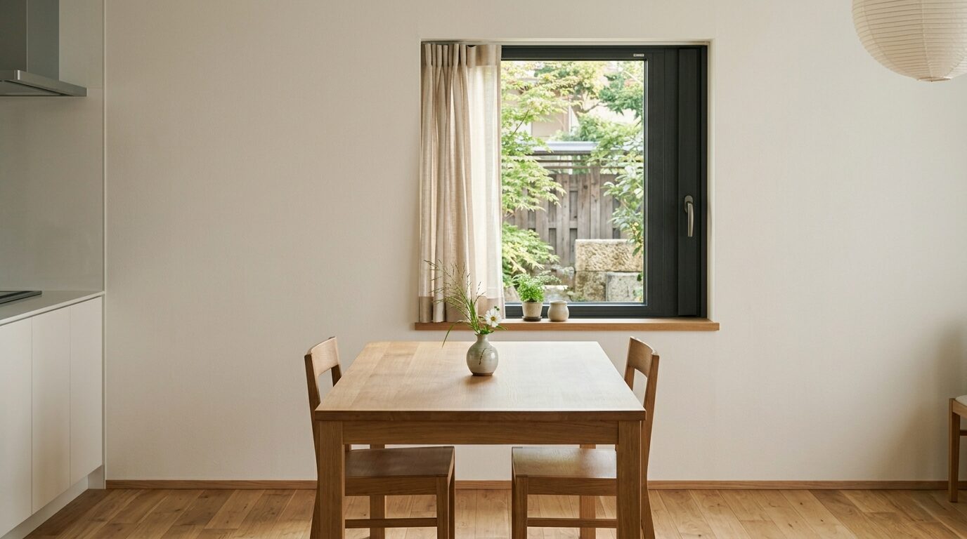 結露のないクリアな窓から柔らかな光が差し込む清潔なダイニングルーム