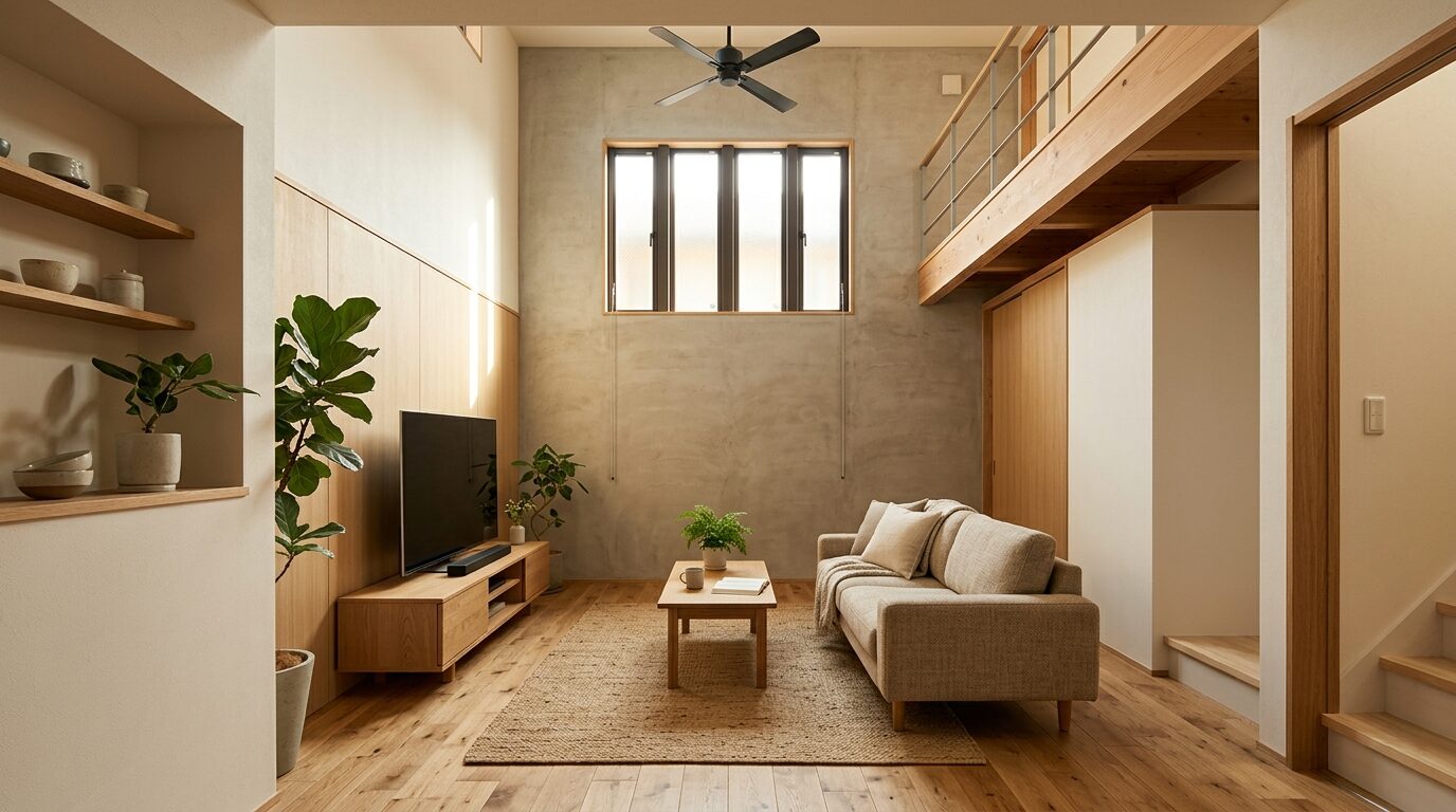 シーリングファンと適切に配置された窓がある吹き抜けリビング