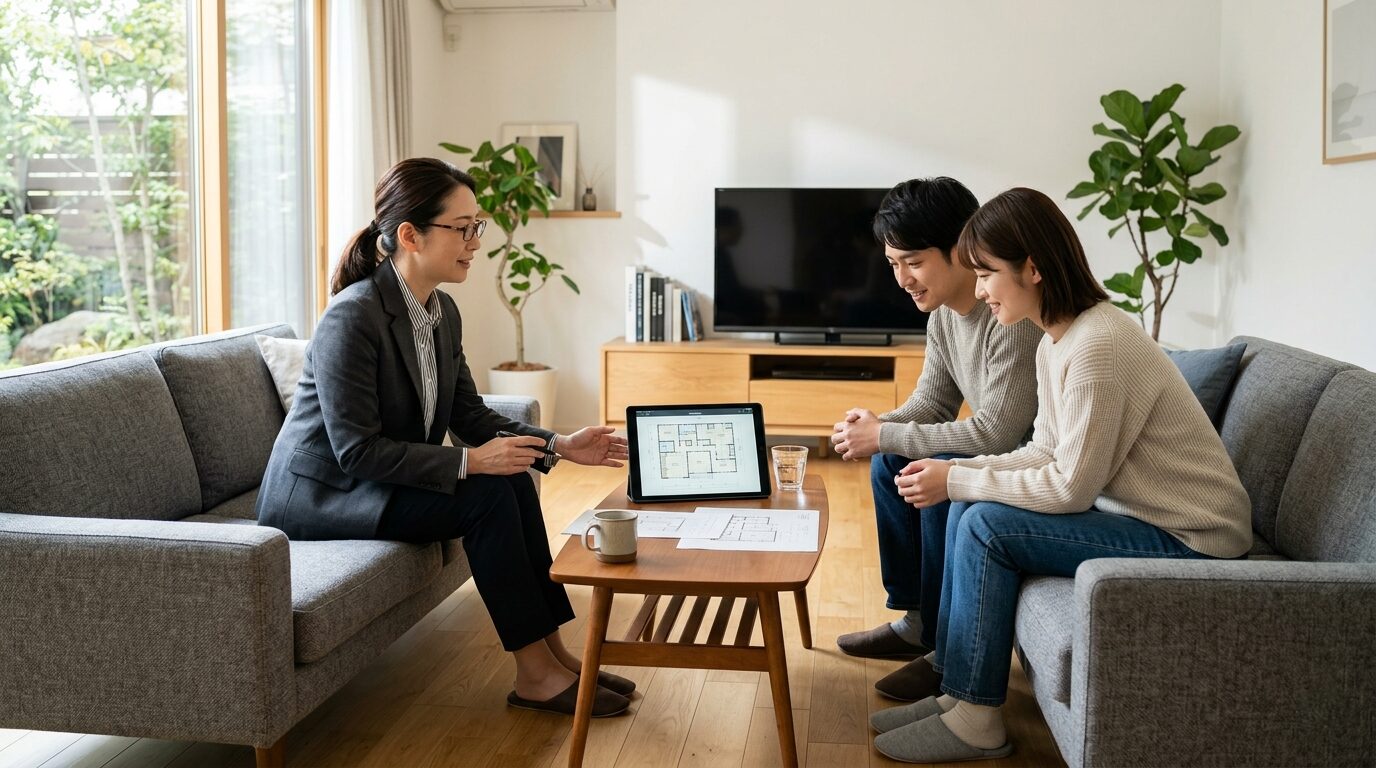 リビングのテーブルに置かれたタブレットを、建築士と夫婦が自然に囲んで見ている家づくりの打ち合わせ風景