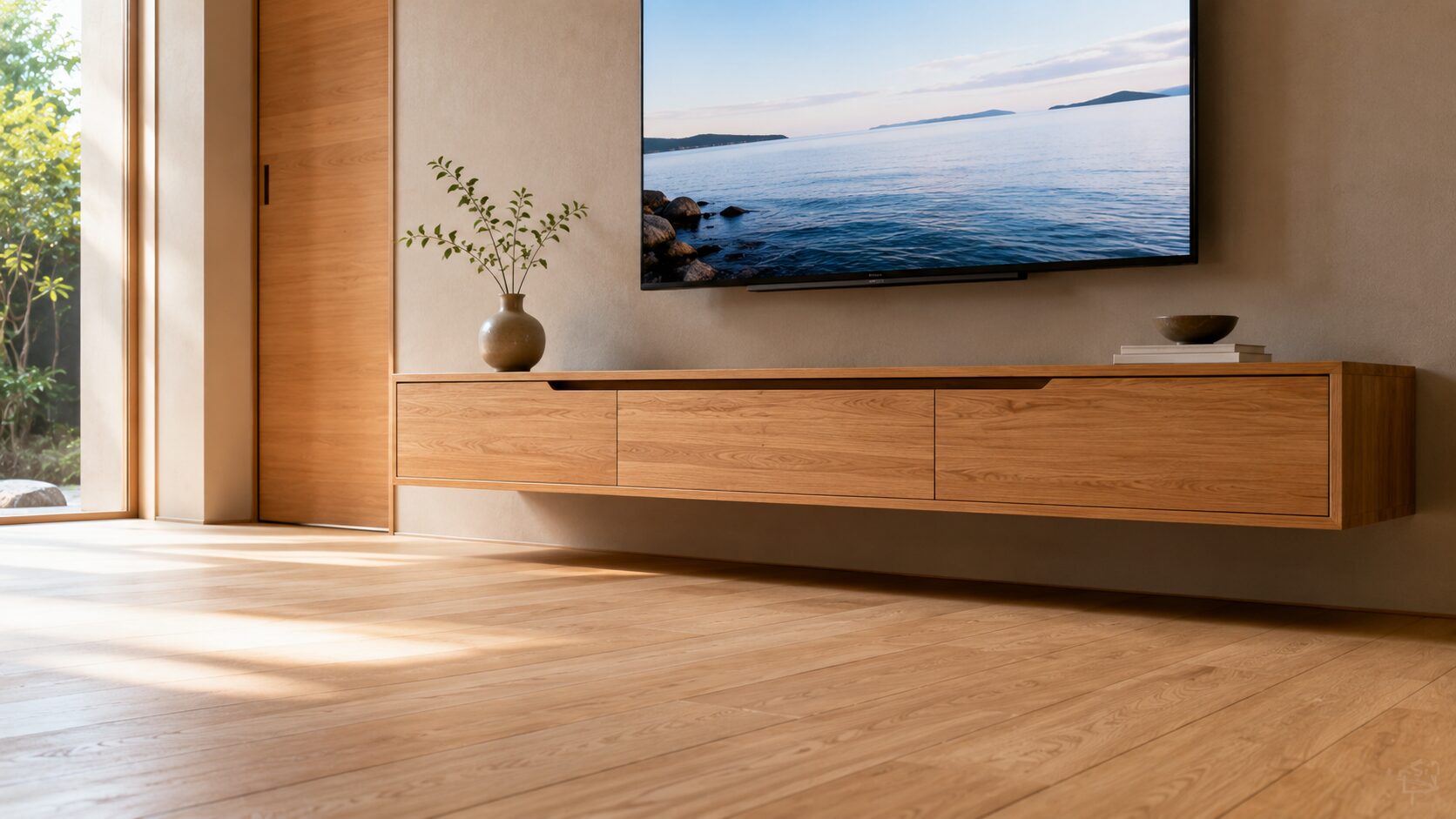 床が見える面積を増やすフロートタイプのテレビボードとハイドア、空間を広く見せる設計工夫