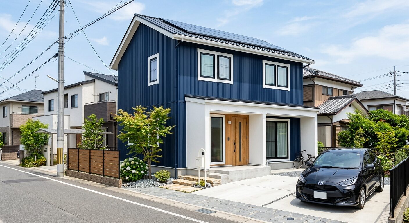 ネイビーとホワイトを組み合わせた汚れが目立ちにくくおしゃれな注文住宅の外観デザイン