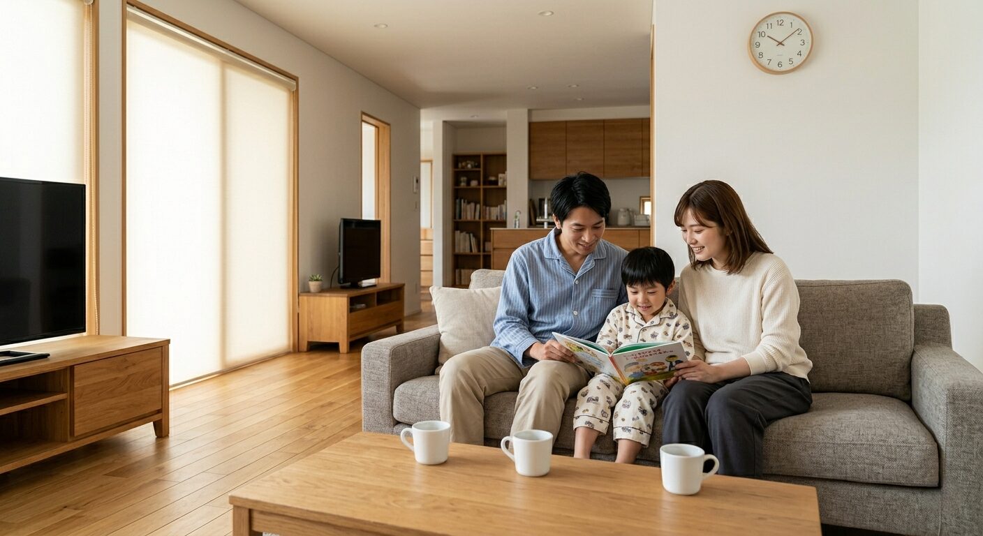 色選びの不安が解消され注文住宅のリビングで仲良くリラックスして過ごす3人家族