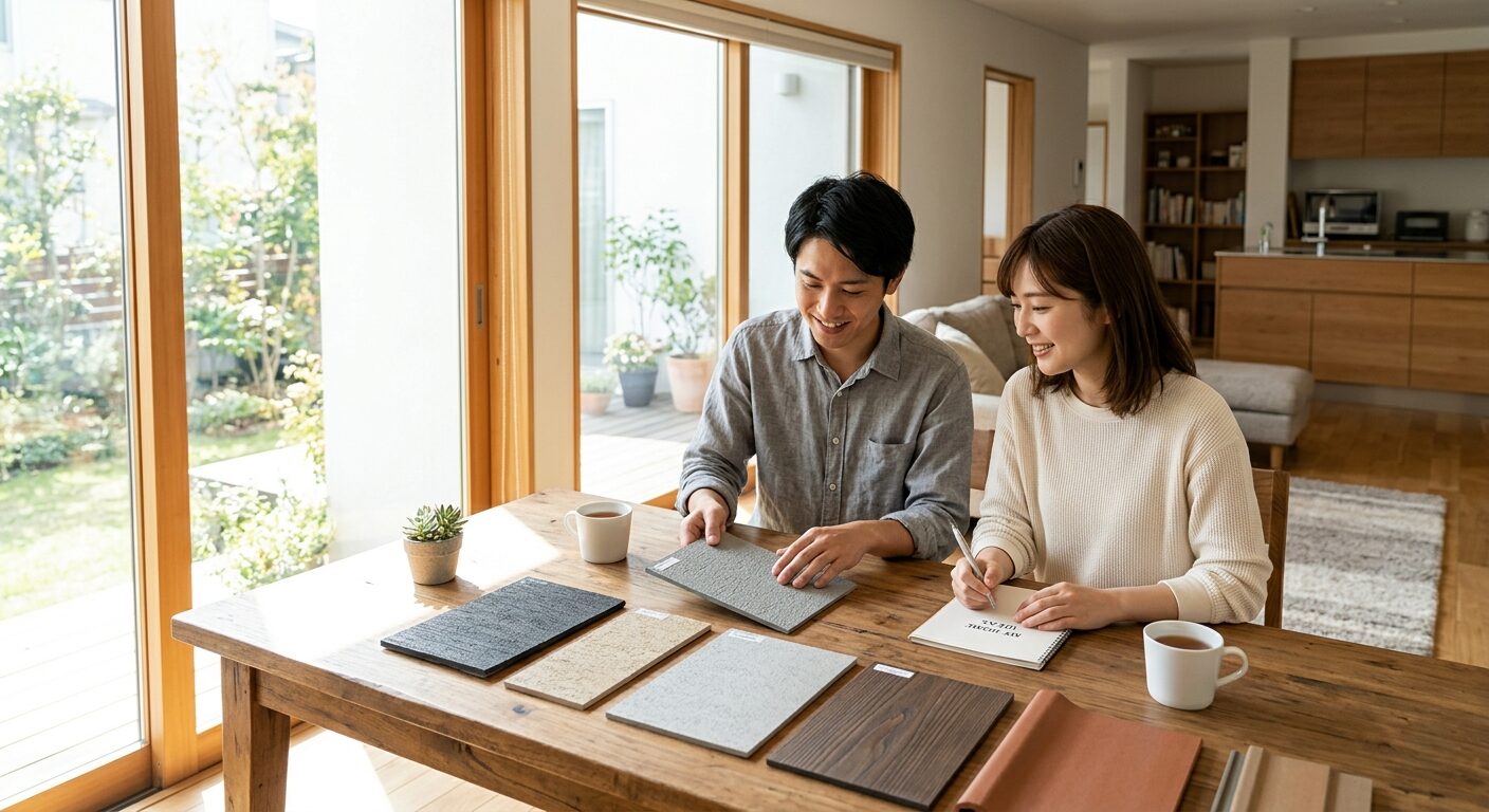 明るい日差しが入るリビングで外壁の色見本サンプルを比較検討する夫婦の様子