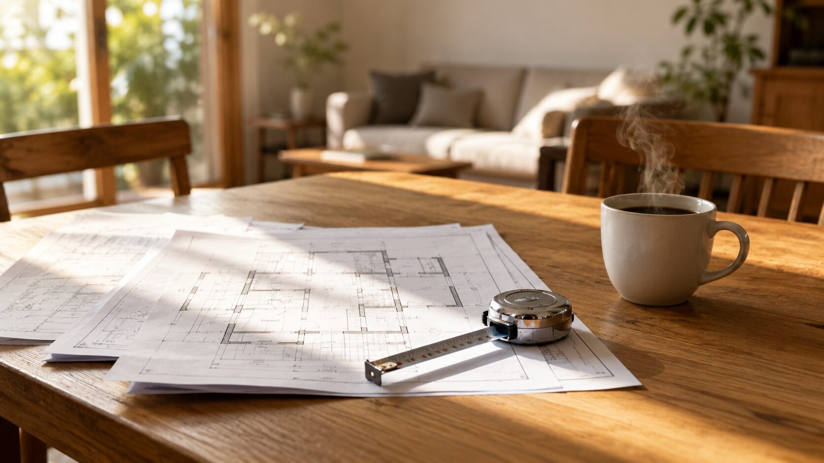 無垢材のテーブルに広げられた建築図面とコーヒーカップ、家づくりの計画を感じさせるシーン