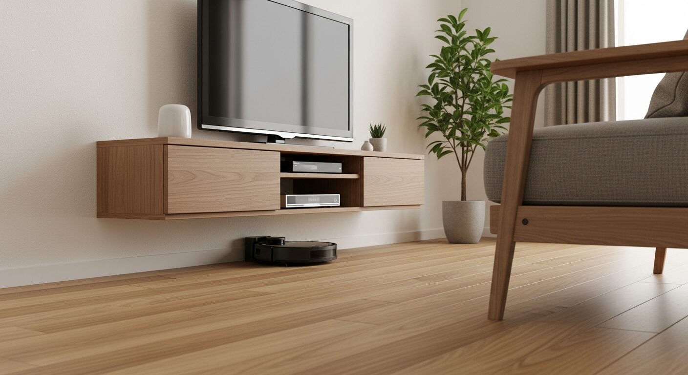 床にレールや段差がなく、壁掛けテレビボードの下をスムーズに掃除するロボット掃除機