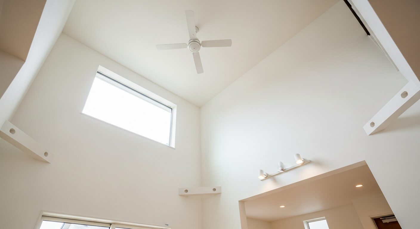 高窓を設けた、明るすぎず落ち着いた雰囲気のリビングの吹き抜けとシーリングファン