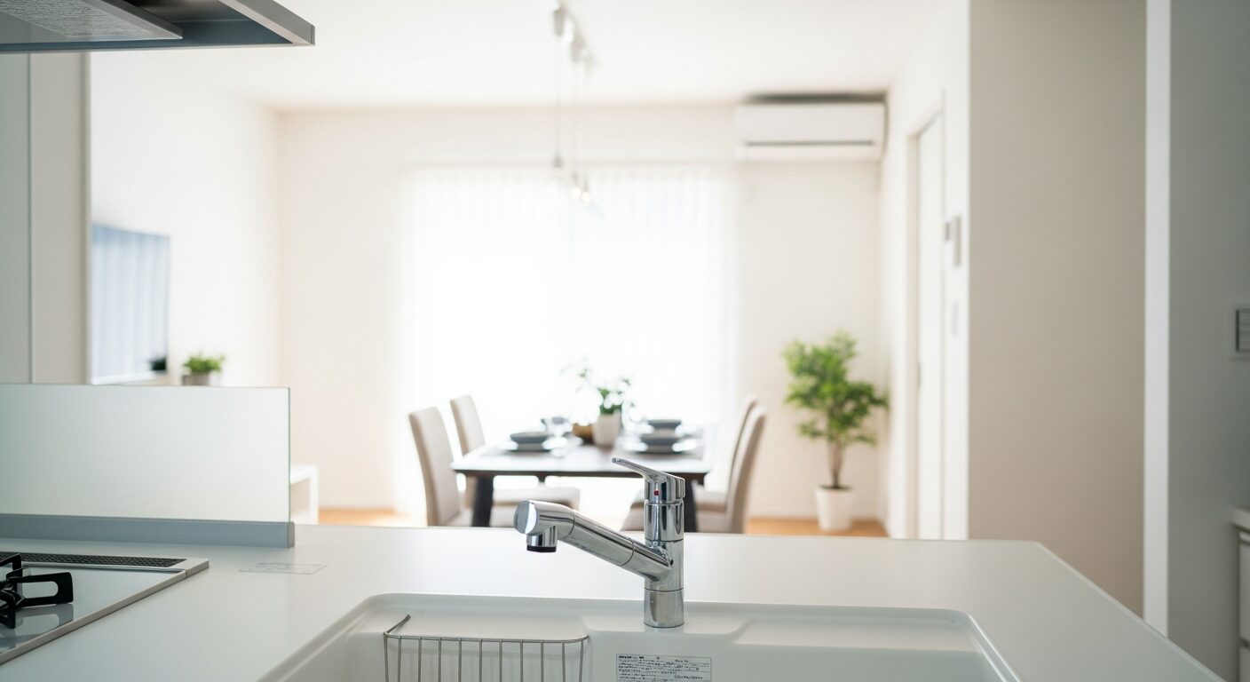 手前のキッチンカウンターから奥のダイニングを見渡せる、物がなく掃除がしやすい対面キッチン