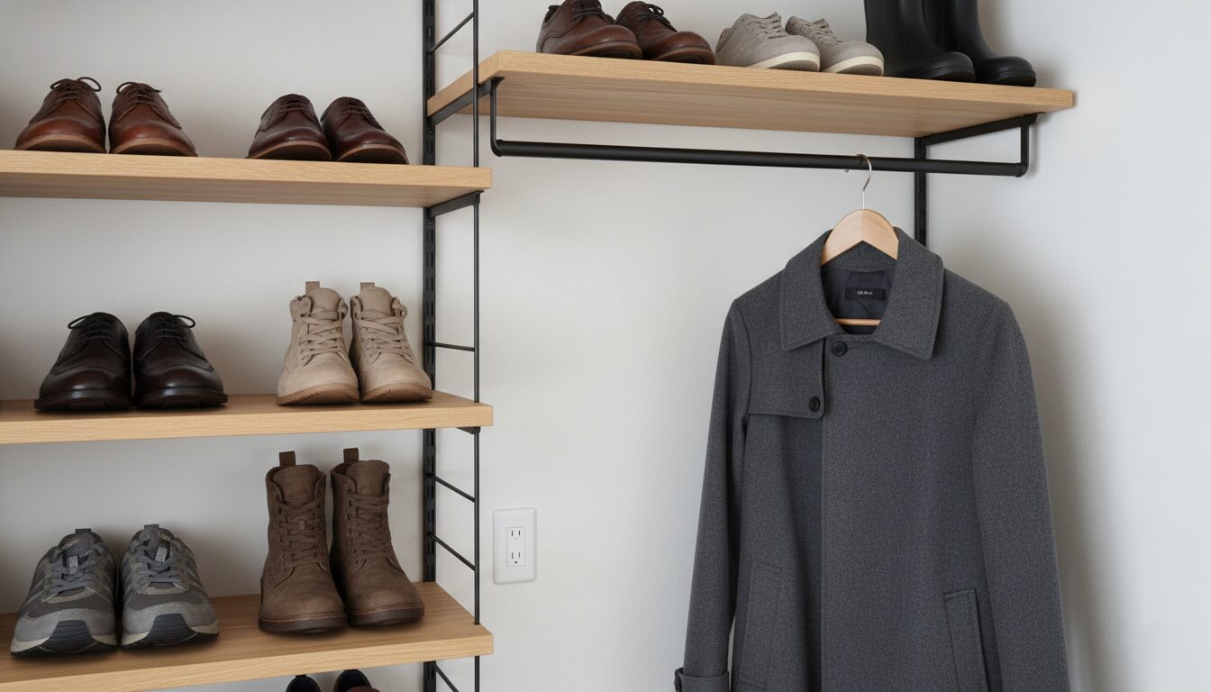 高さ調整ができる可動棚とコート掛け用ハンガーパイプを備えた機能的な玄関収納