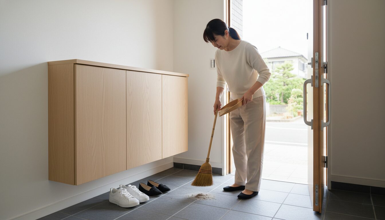 フロートタイプの収納下を掃除する様子と、段差や板がないスッキリとした玄関土間