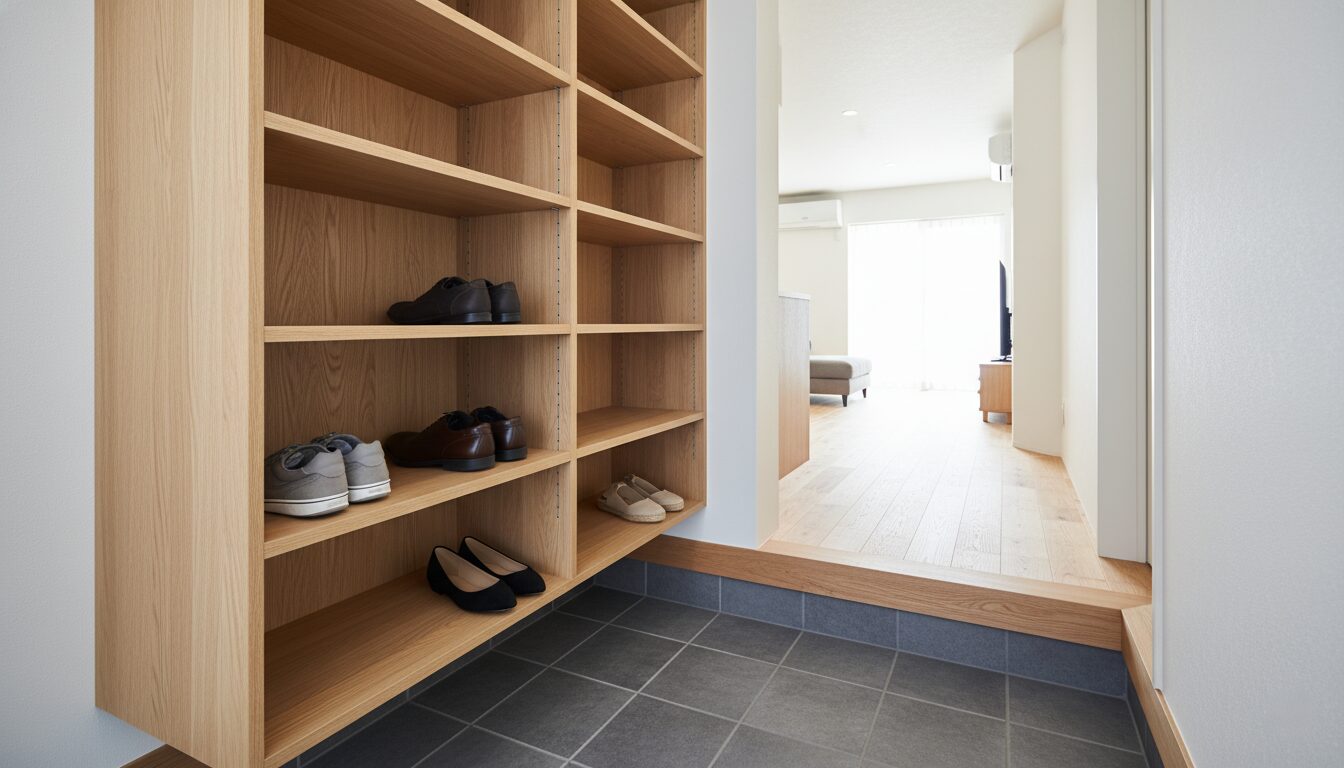収納を優先しすぎて通路が少し狭く感じられる日本の住宅の玄関廊下