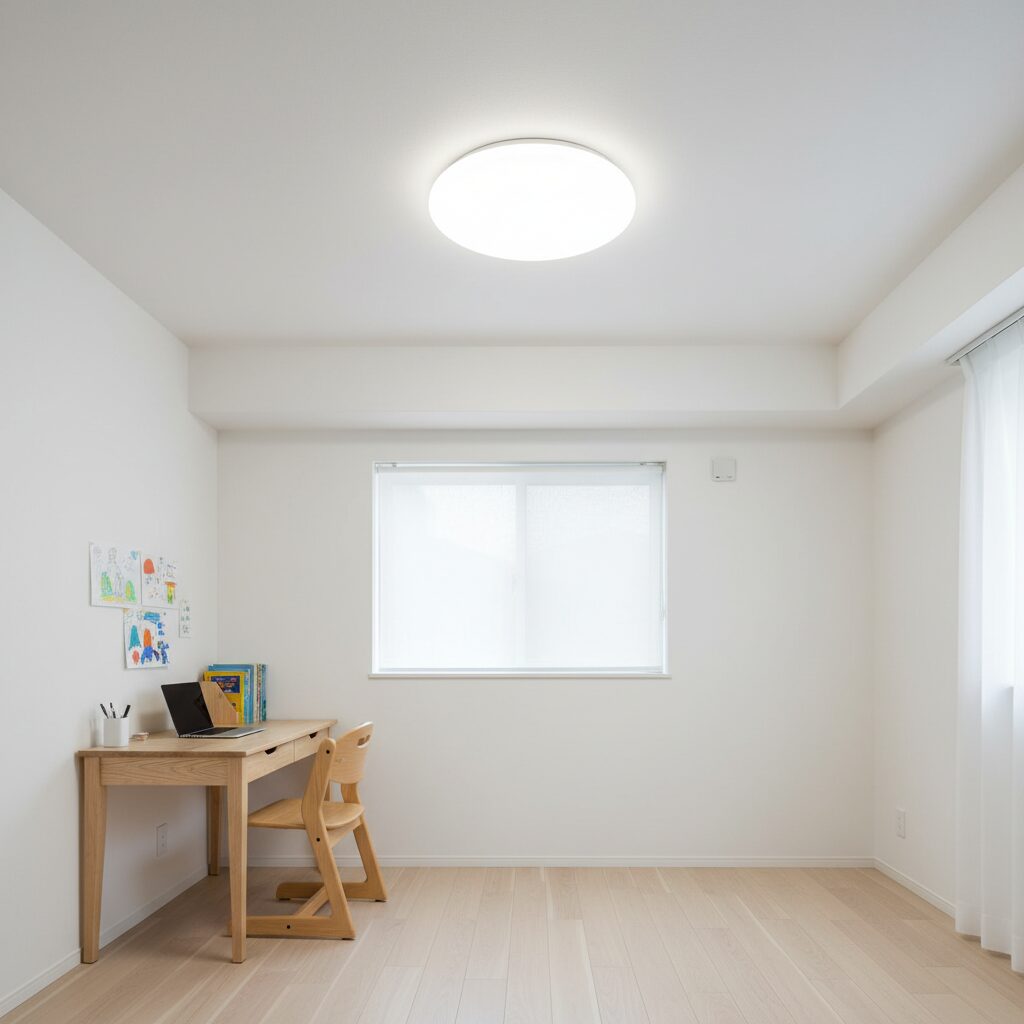 洋室のシーリングライト実例。天井の真ん中に設置された薄型照明1台で、部屋全体を均一に明るく照らす空間