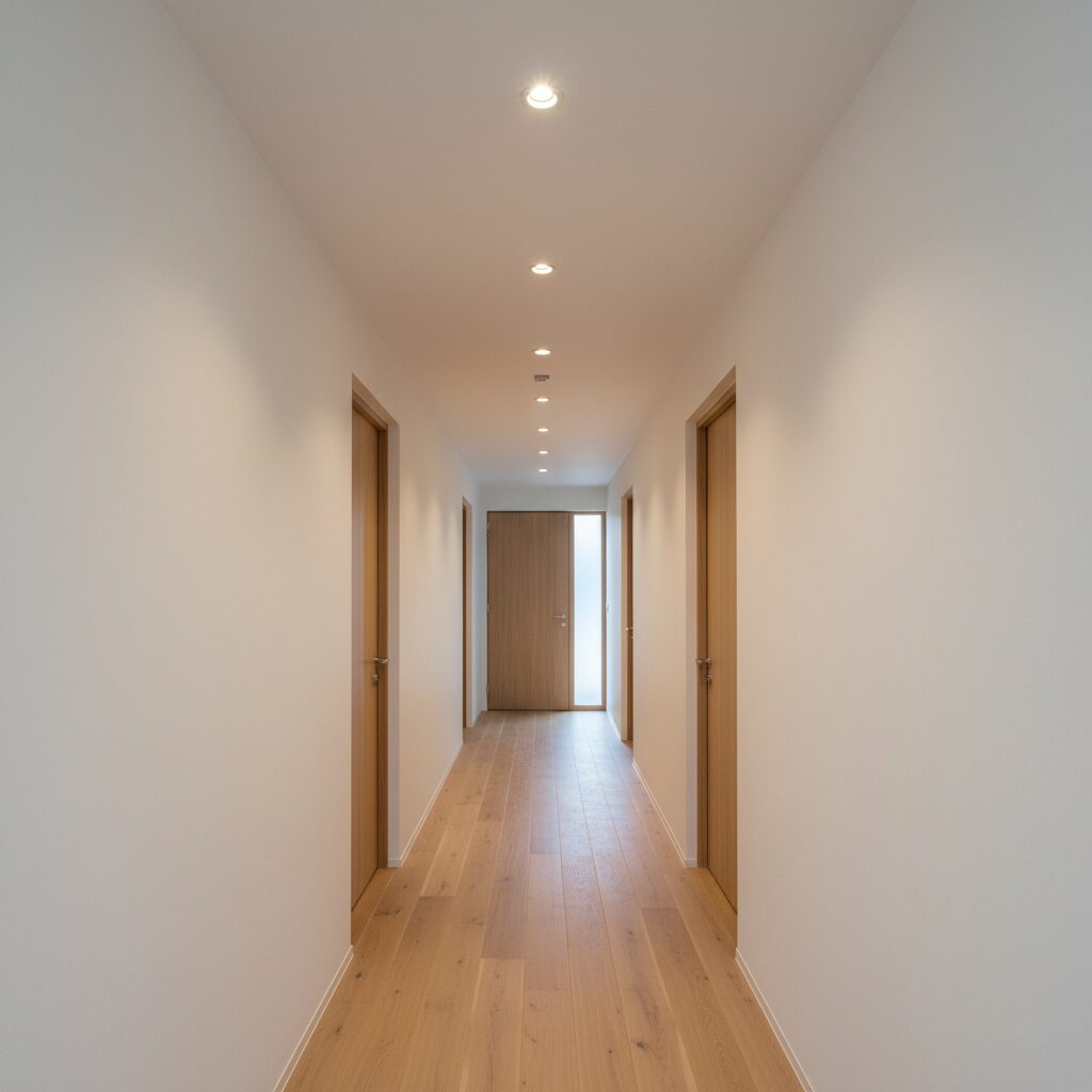 廊下のダウンライト設置例。天井に埋め込まれた照明がリズムを生み出し、空間をすっきりと広く見せるデザイン