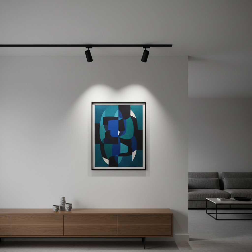 スポットライトの活用例。ダクトレールに取り付けた照明で壁のアートを照らし、空間にメリハリを生む演出