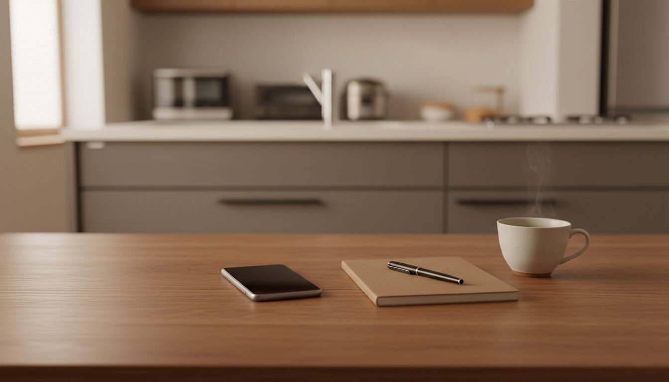 換気扇を映さないクリーンなキッチンを背景にした、ダイニングテーブル上の家計計画資料。