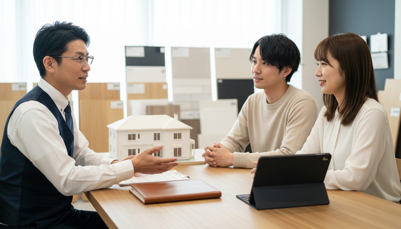 眼鏡をかけたベテランの工務店スタッフと、カジュアルな服装で相談に訪れた夫婦。明確な人物の描き分け。