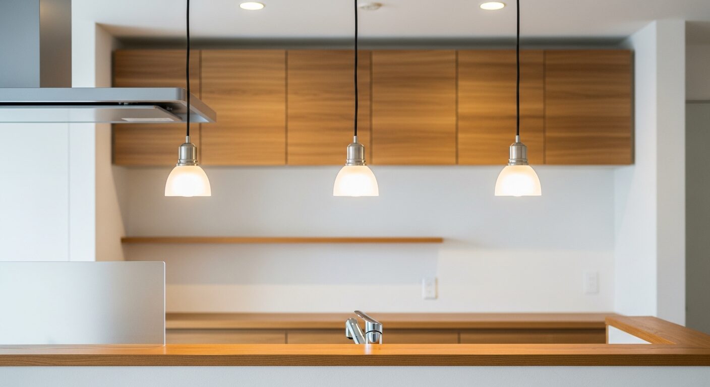 対面キッチンの照明事例。カウンター上のペンダントライトと背面収納が映える、生活感を抑えたおしゃれなキッチン