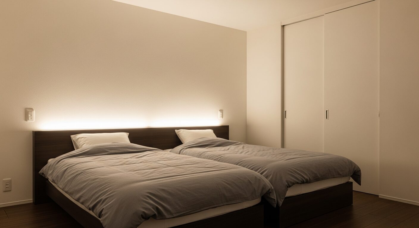 寝室の間接照明実例。壁面の器具をなくし、建築化照明だけで演出したシンプルで落ち着きのある寝室