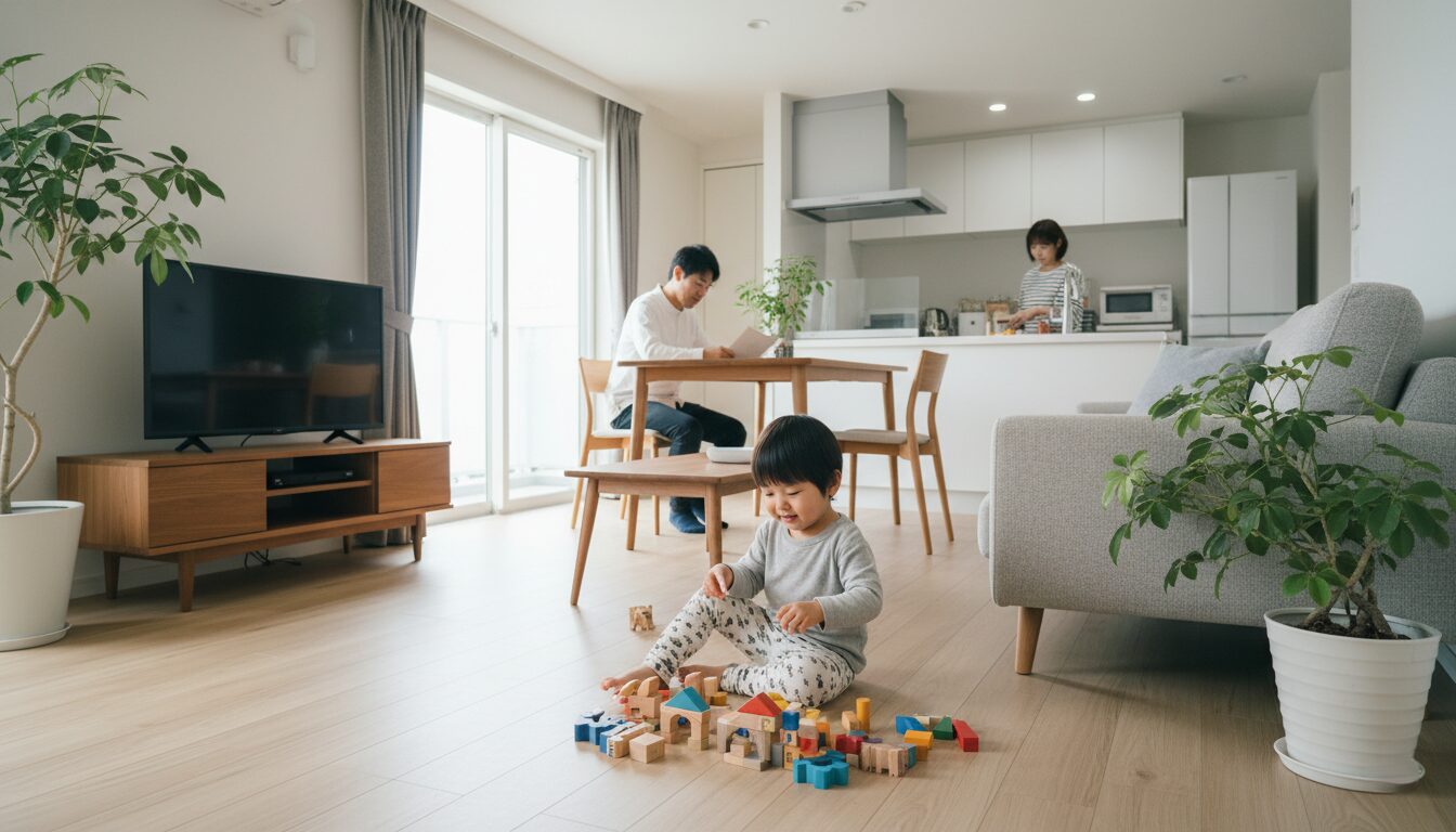 自然光が差し込む新しい家のリビングで、のびのびと遊ぶ子供と、それを見守る家族の日常風景。