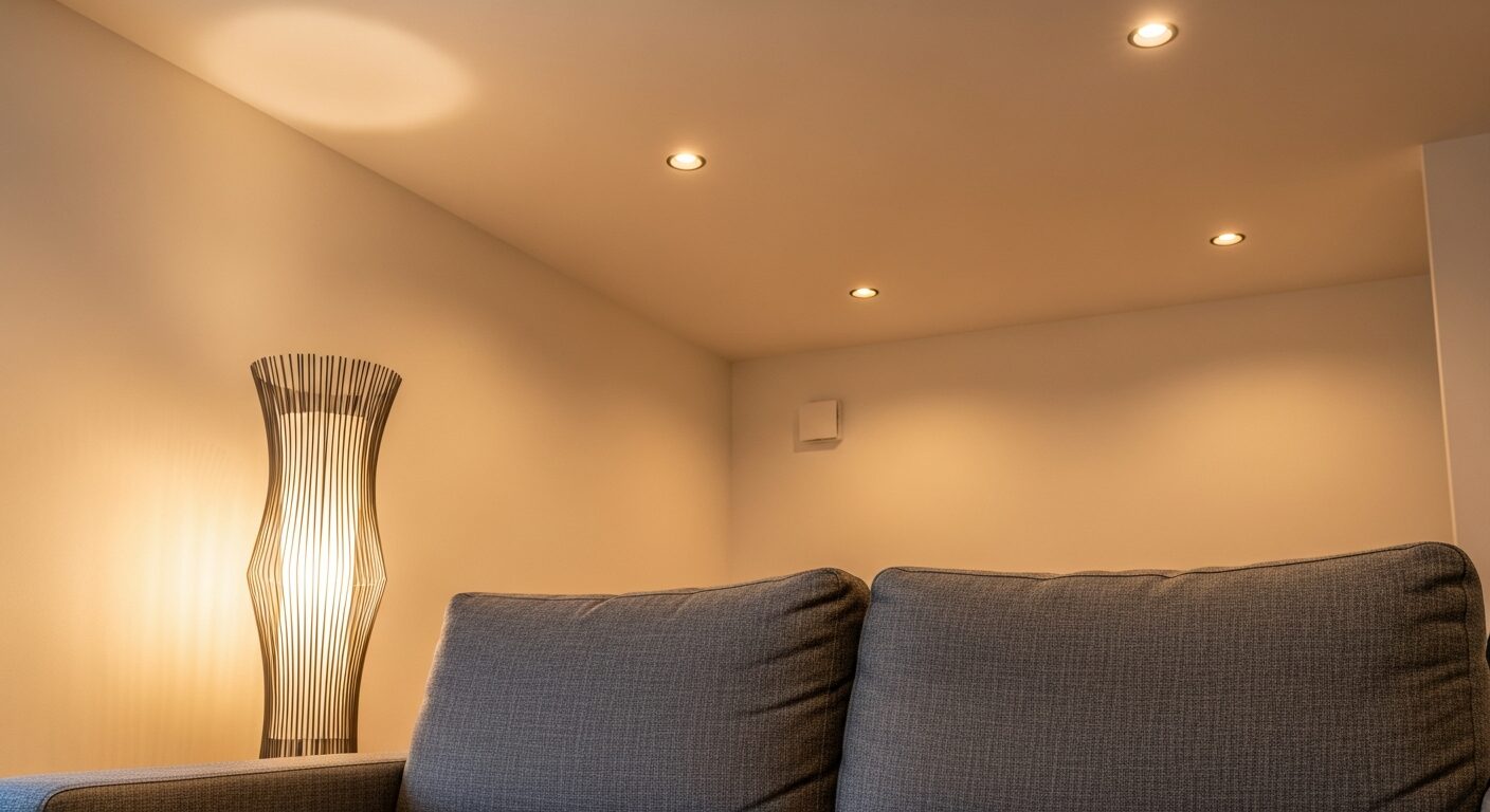 リビングの照明計画実例。ダウンライトとフロアスタンドを組み合わせた、配線の見えないすっきりとしたリラックス空間