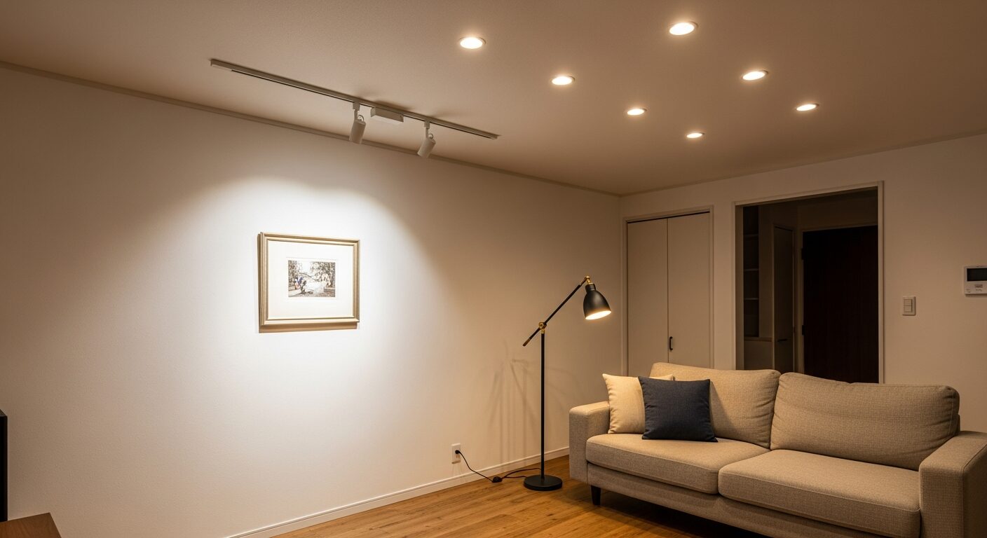 リビングの照明配置例。ダウンライトとスポットライト、フロアライトを使い分けたおしゃれな空間デザイン