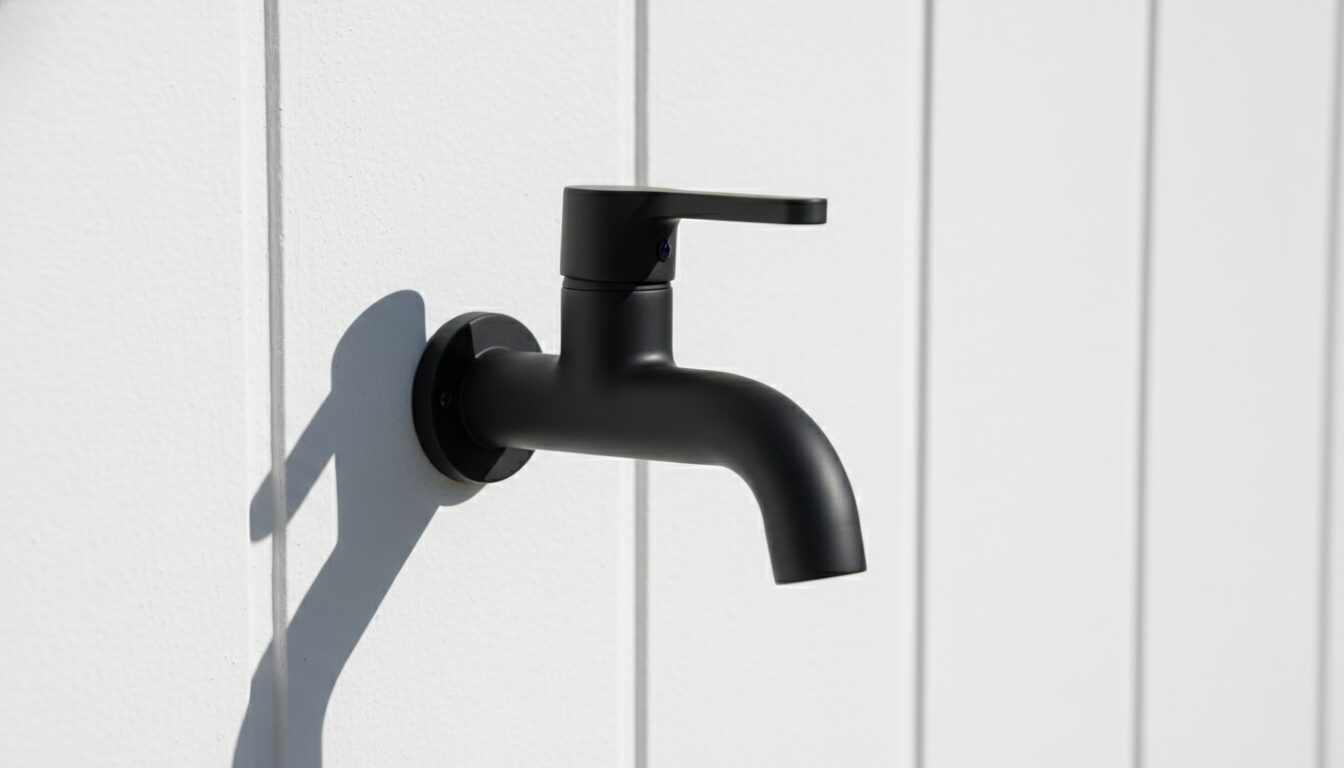 バルコニーの白い外壁に設置されたシンプルでモダンな黒い水栓