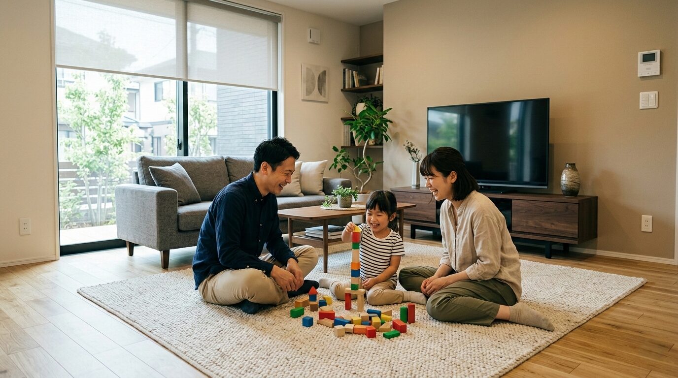 広々としたモダンなリビングのラグの上で積み木をして遊ぶ家族の様子