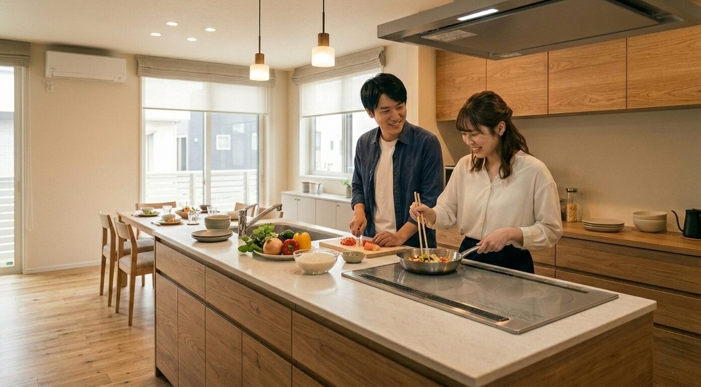 使い勝手の良いこだわりのモダンなオープンキッチンで料理を楽しむ夫婦