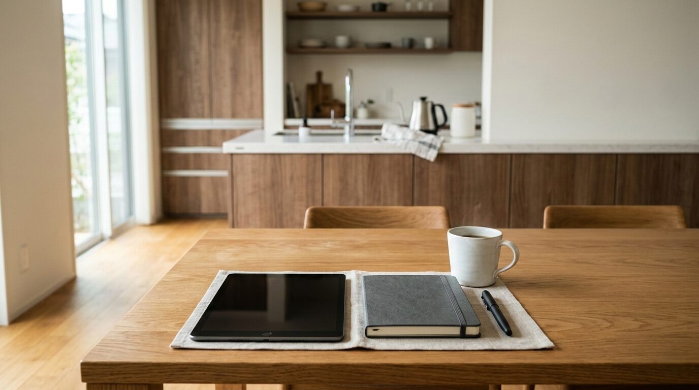 ダイニングテーブルの上に置かれた家計簿ノートやタブレットと背景に見えるモダンなキッチン
