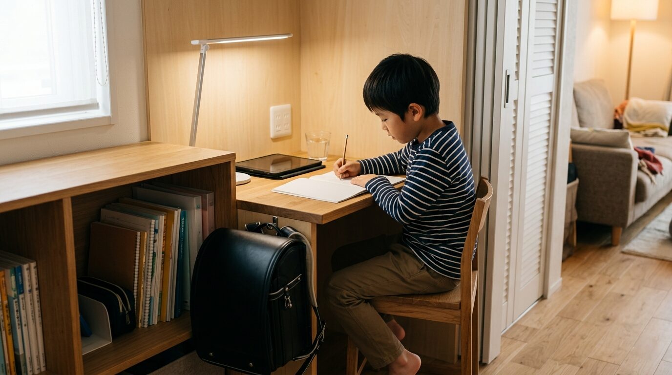限られたリビングでも圧迫感のないコンパクトな学習カウンターと、横並びに配置したランドセル収納