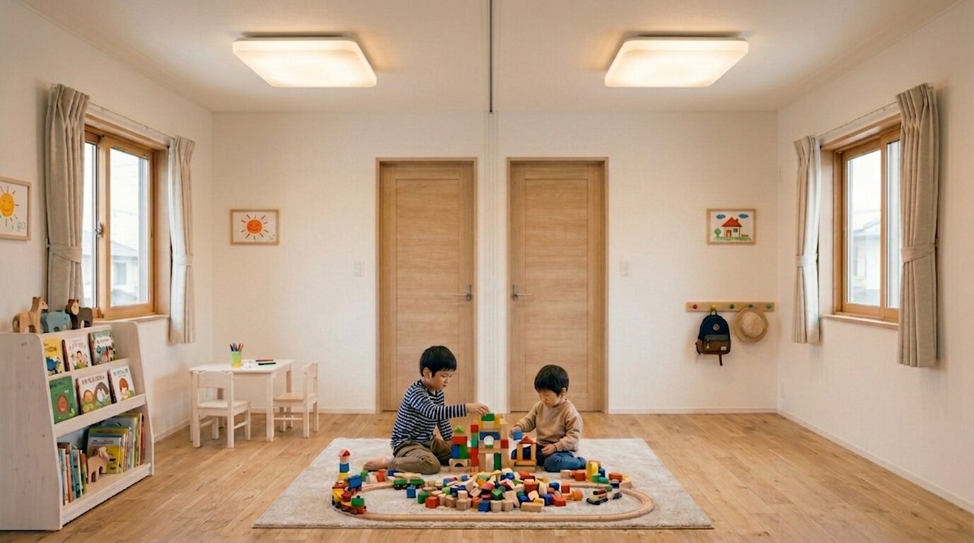 将来2つの個室に分割できるよう、ドアと窓を完全に左右対称に配置した可変設計の大きな子供部屋