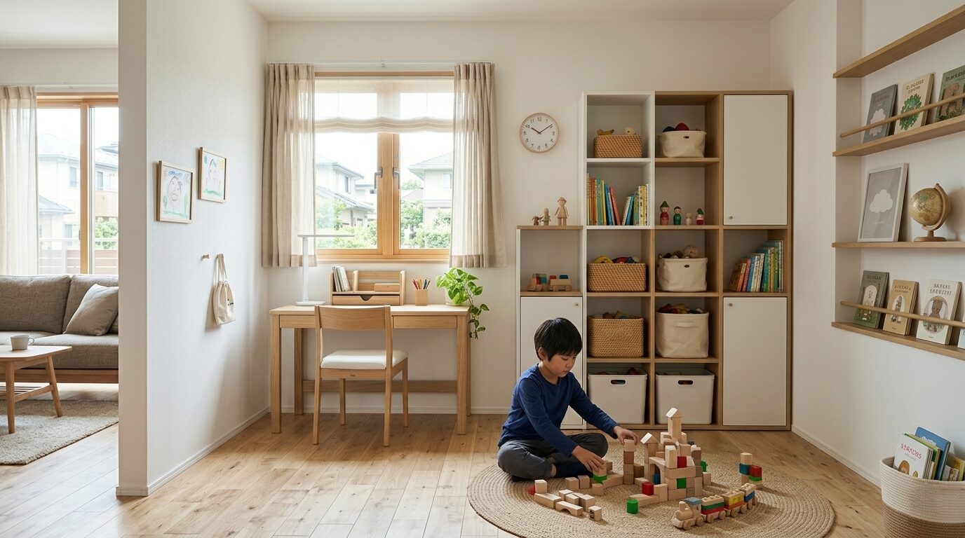 お子様がのびのびと遊べる広々とした床と、整理しやすいオープン収納がある子ども部屋の様子