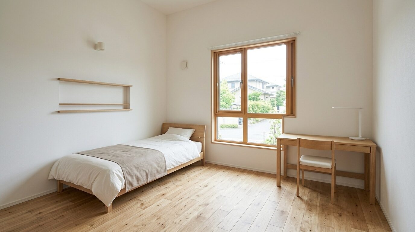 将来のライフスタイルの変化に合わせて空間を仕切れる、広々としたシンプルな子ども部屋