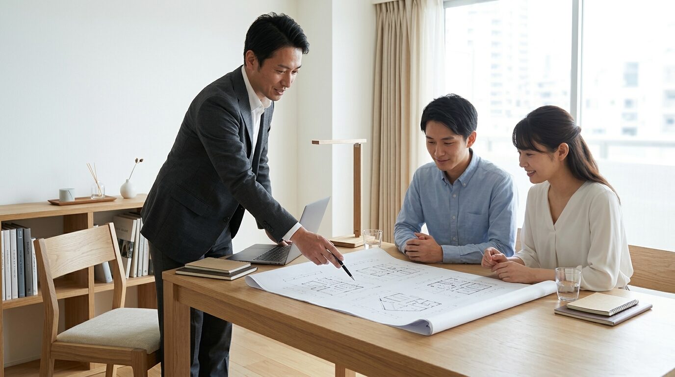 家づくりのプロである設計士と、間取りや設計について打ち合わせをしている様子