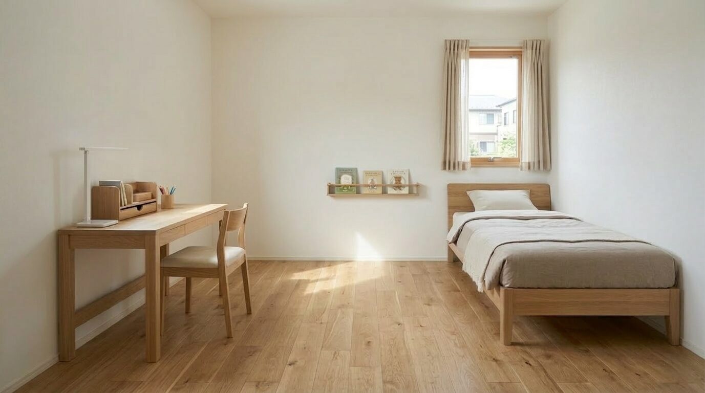 学習机とベッドが機能的に配置された、6帖の快適な子ども部屋の様子