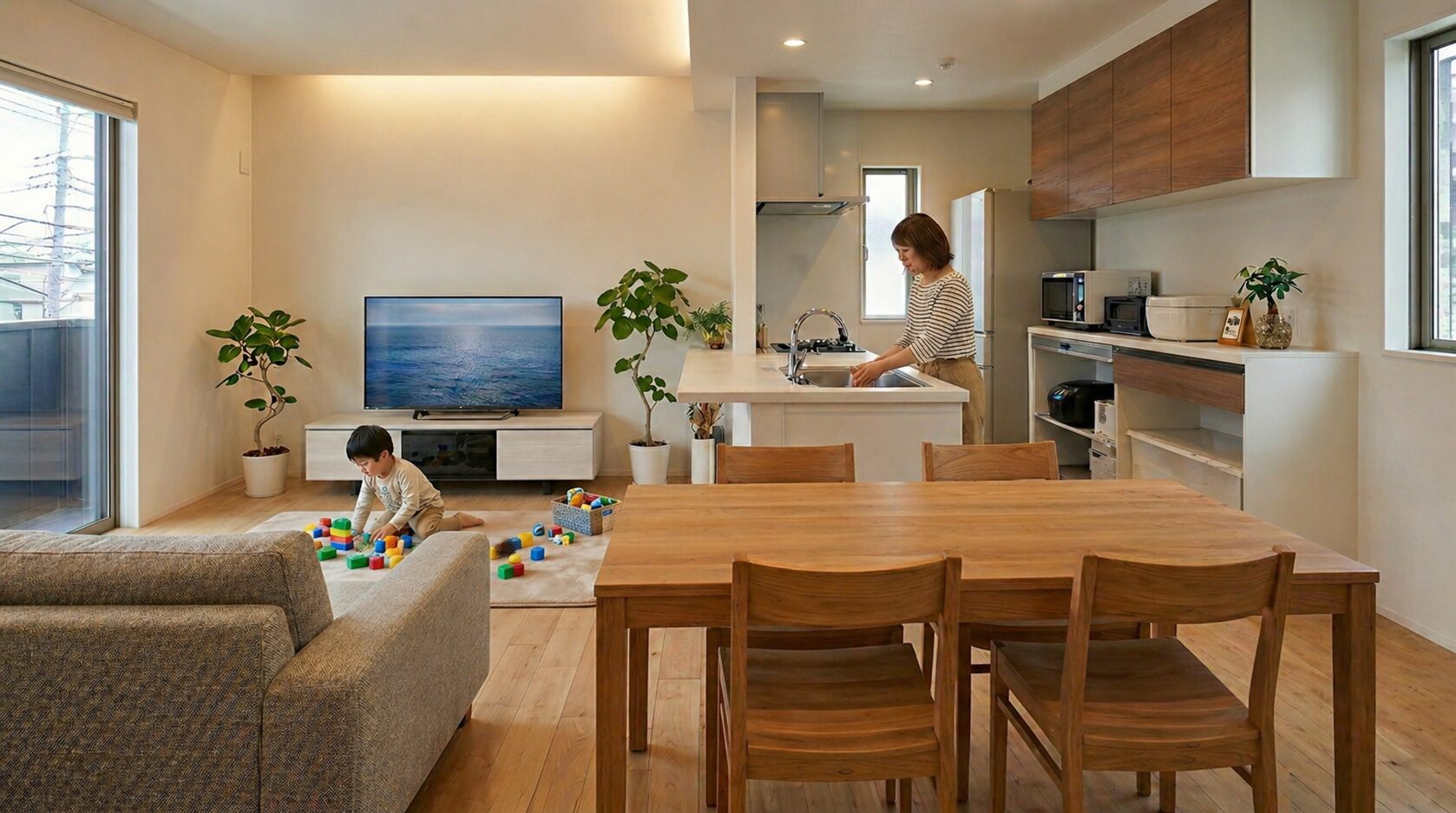 コンロを壁側に配置した安全な対面キッチンから、段差のないリビングで遊ぶ子どもを見守る間取り